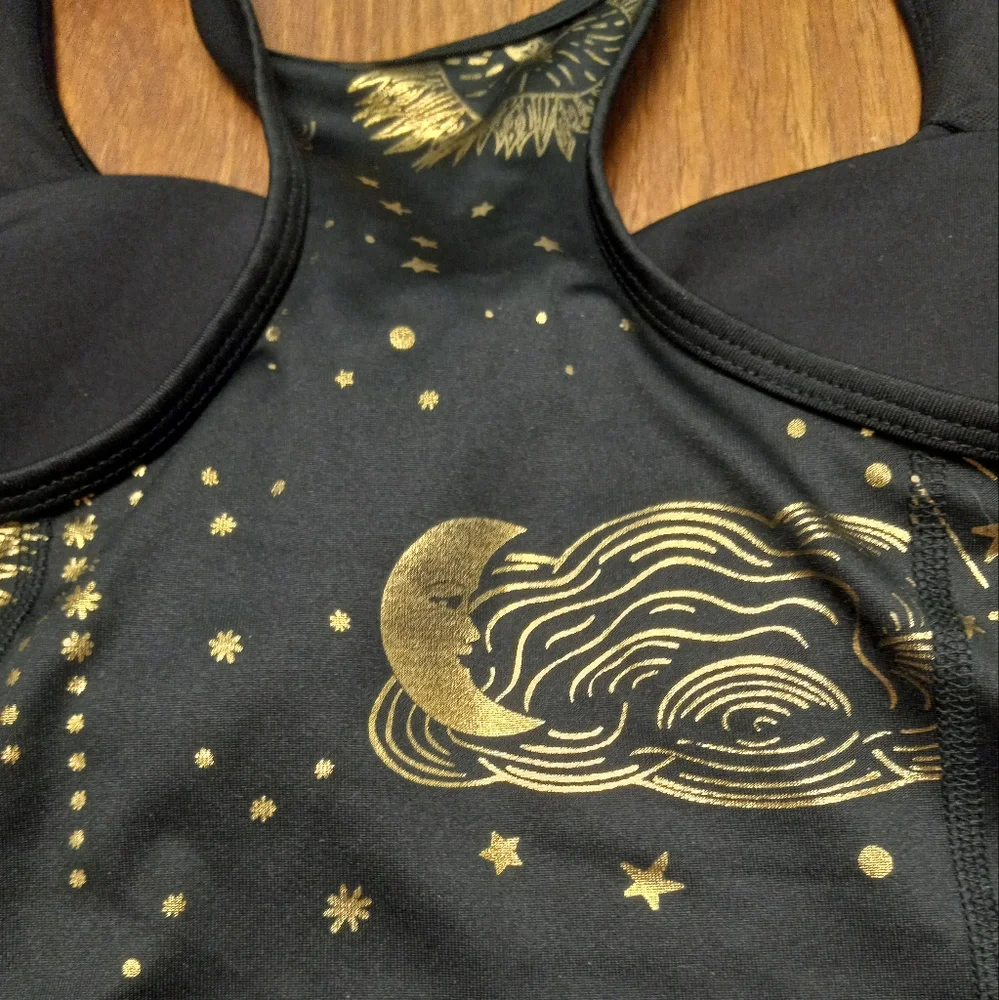 Xersion Black Sports Bra with Gold Celestial Print